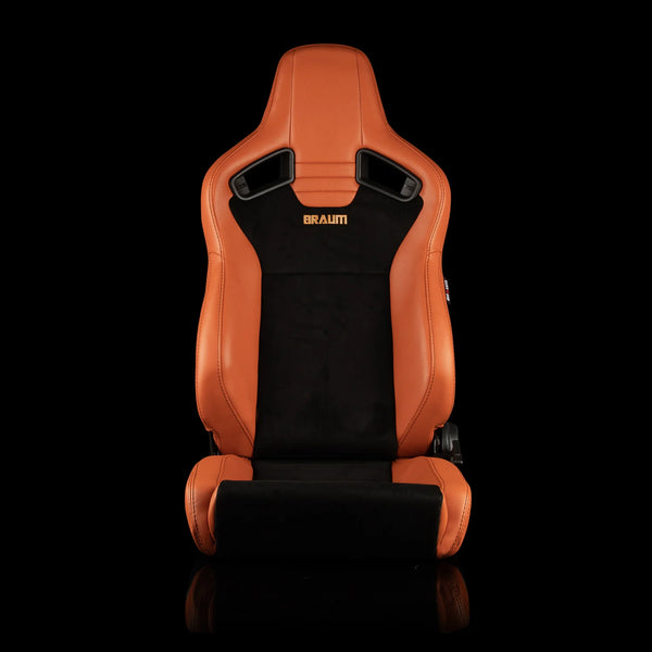 Braum Racing ELITE V2 Series Sport Reclinable Seats PAIR - British Tan Leatherette / Black Suede / Low Bolster Version