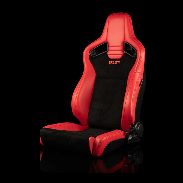 Braum Racing ELITE V2 Series Sport Reclinable Seats PAIR - Red Leatherette / Black Suede / Low Bolster Version