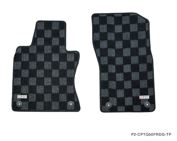 Phase 2 Motortrend (P2M) Front & Rear Checkered Race Carpet Floor Mats (Dark Grey) - Infiniti Q50 Sedan (2013+)